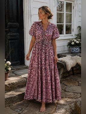 Banjanan Poppy Pink Floral Puff Sleeve Maxi Dress XL